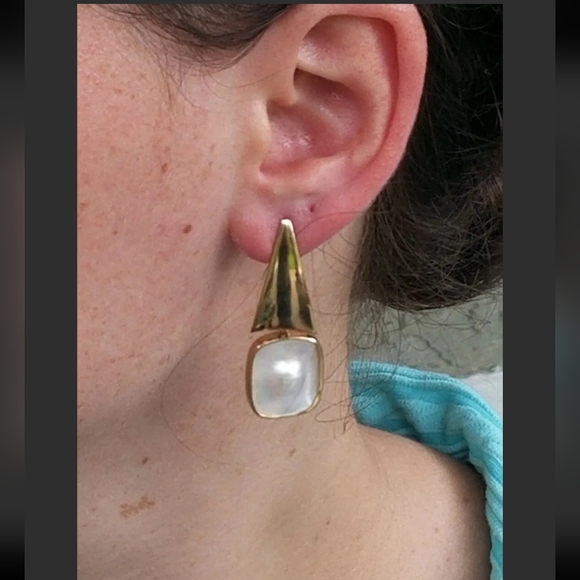 Earrings 14k Gold Blister Pearl Drop Vintage -Gemstone Earrings-Estate  9.6g - Picture 2 of 12